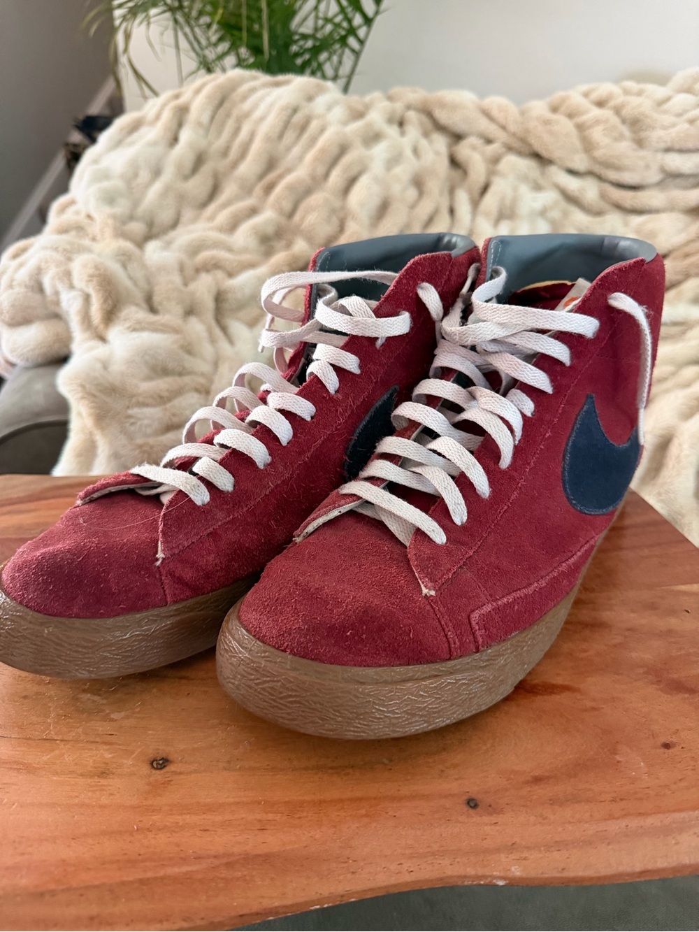 Nike Blazers Burgundy Suede High-Top Sneakers with Navy Swoosh and White Laces